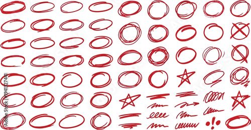 Red grunge circle and scribble shapes hand drawn brush strokes illustration isolated on transparent background
