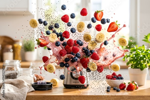 Fruits and seeds exploding upwards from a blender creating a smoothie splash