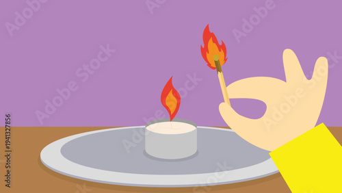 Burning candle on the table. Vector illustration in flat style.