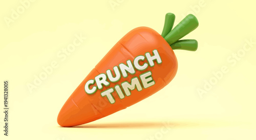Vector illustration of single orange carrot with green leaves and 'CRUNCH TIME' text