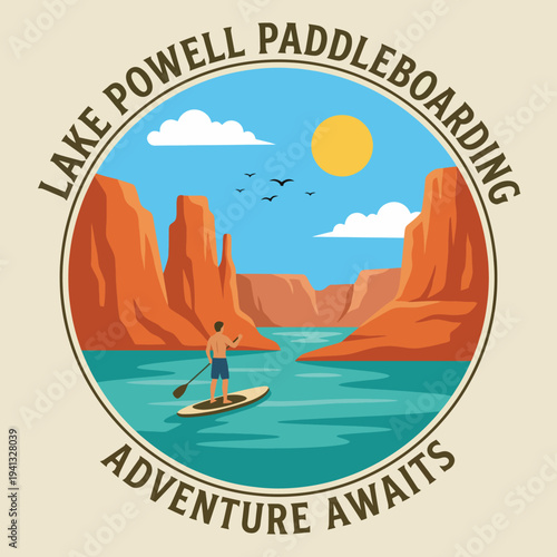 An inviting illustration showcasing a paddleboarder on Lake Powell against stunning canyon vistas, perfect for highlighting outdoor adventures and summer activities.