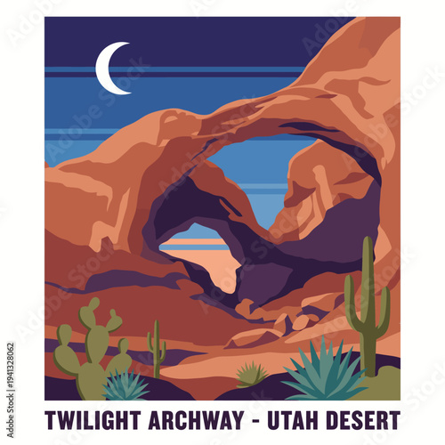 An awe-inspiring image of the Twilight Archway in the Utah desert showcases the stunning contrasts between rugged rock formations and the rich colors of the scenic evening sky.