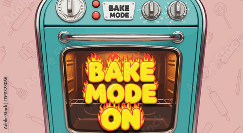 Vector illustration of teal oven with 'Bake Mode On' text