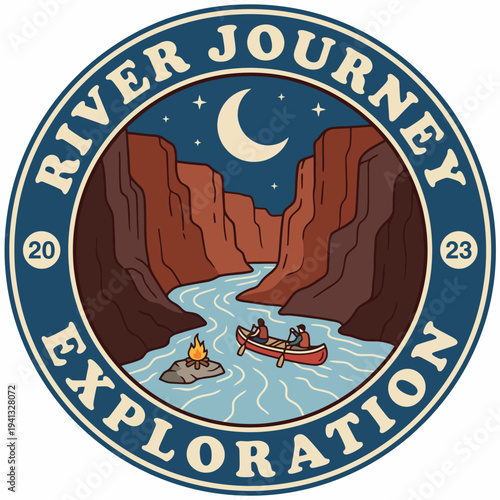 This image showcases a peaceful river journey with kayakers amidst towering cliffs, under a crescent moon, emphasizing the beauty of adventure in natural settings.