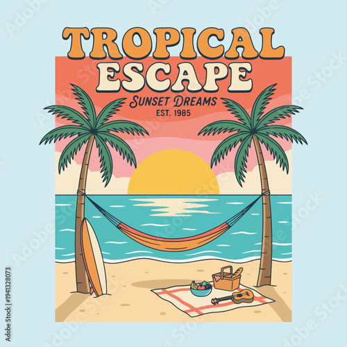 This brightly colored scene portrays a tropical beach with palm trees, a hammock, and a serene sunset, evoking feelings of relaxation and beachside leisure.