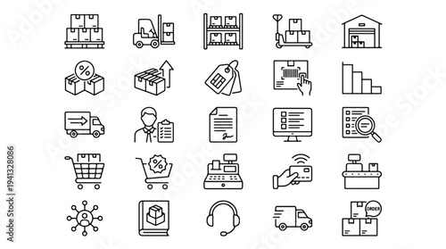 Set of minimalist line art icons for business, logistics, and technology on white background