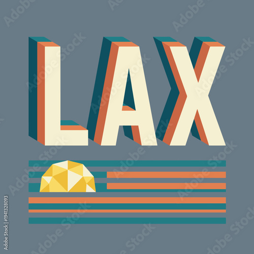 This image features a retro-styled depiction of the LAX airport signage, highlighting the iconic abbreviation in vibrant colors against a muted background.