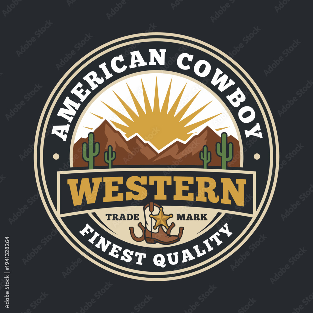 Obraz premium This classic emblem showcases a cowboy spirit, featuring a sun rising over rugged mountains, cacti, and western elements that symbolize adventure and the untamed wild.