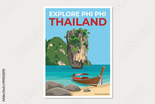 A stunning visual of Phi Phi Islands showcases crystal-clear water, towering limestone cliffs, and a traditional boat, inviting viewers to immerse in a tropical paradise.