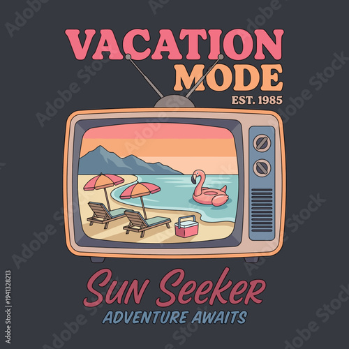 This vintage-styled image features a retro television displaying a beautiful beach scene with lounge chairs and an inflatable flamingo, symbolizing relaxation and vacation vibes.