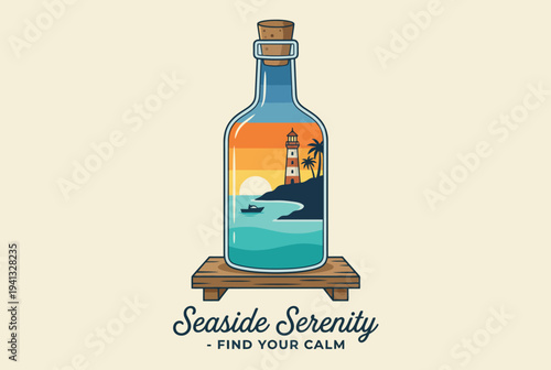 This artwork features a serene coastal scene enclosed in a bottle, highlighting a lighthouse, sunset, and palm trees, symbolizing peace and an idyllic escape to the seaside.