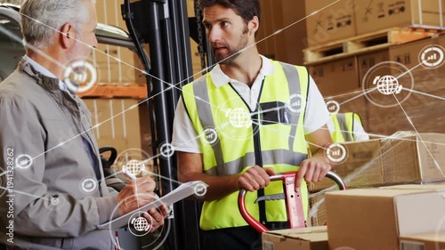 Inspector writing clipboard and glancing worker holding pallet jack icons linking and showing stock