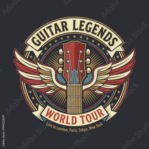This concert poster features a beautifully illustrated guitar with wings and classic elements, promoting a world tour that captures the spirit of legendary music and rock culture.