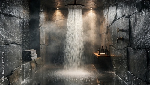 Modern luxury spa shower with cascading waterfall in dark stone bathroom