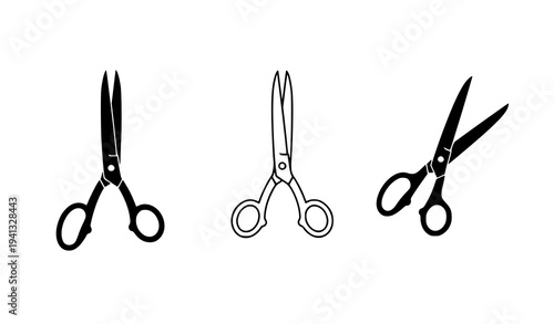 Black Scissors Set in Different Positions – Cutting Tool Vector Illustration
