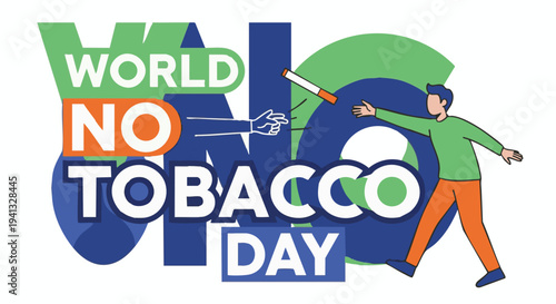 World No Tobacco Day illustration in vibrant colors with cartoon character and bold typography for health awareness campaign