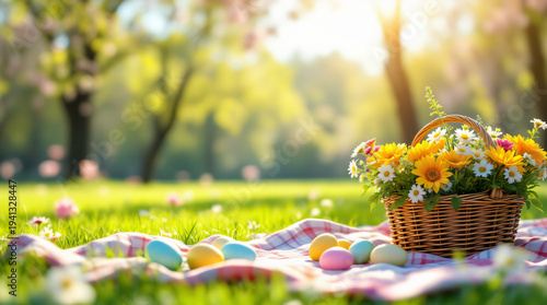 A sunny spring picnic scene with a flower basket and colorful Easter eggs on a checkered blanket in a park.