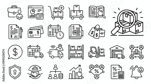Minimalist line art icons set for business, finance, and logistics concepts