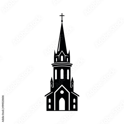Church Building Silhouette with Cross Steeple.