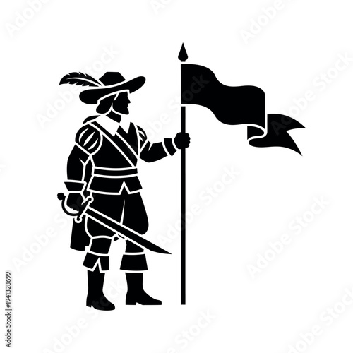 Historical Soldier with Flag Silhouette.