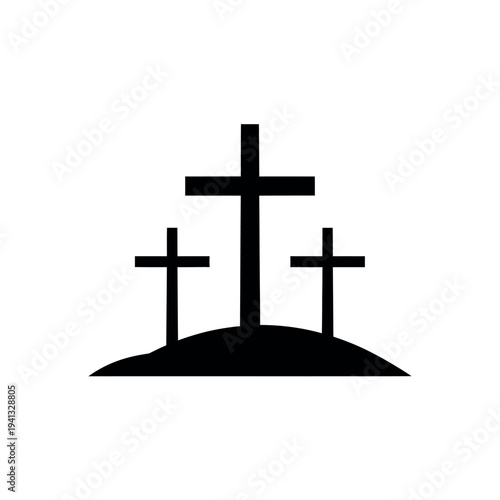 Three Christian Crosses on a Hill Silhouette.