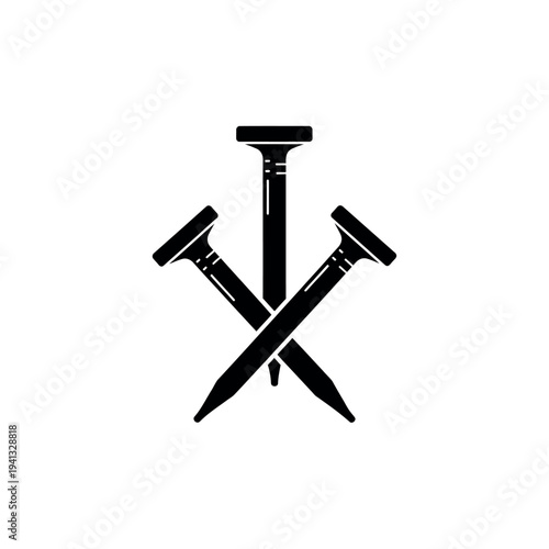 Three nails crossed in a minimalist black and white design.