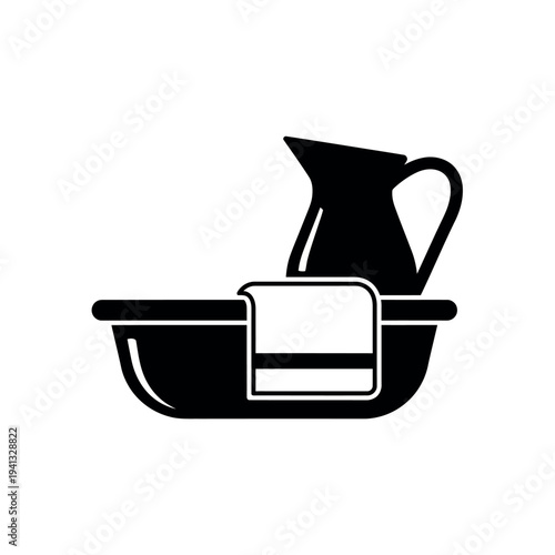 Wash basin and pitcher with towel black and white icon.