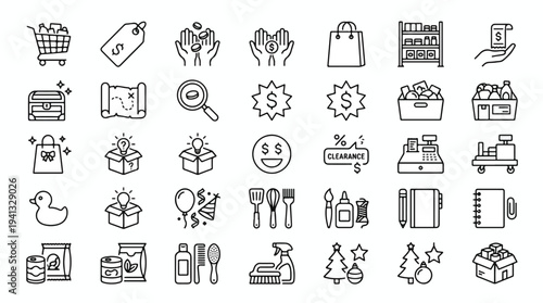 Minimalist line art icons for business, shopping, and daily life