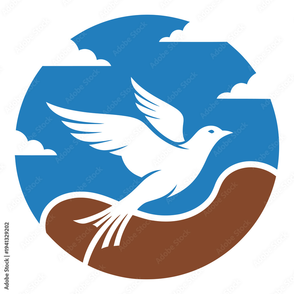 Obraz premium White dove flying over brown hill with blue sky and clouds icon