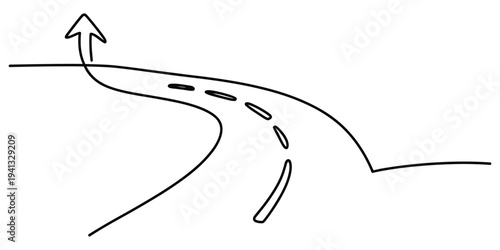 Simple hand drawn illustration of a winding road with a dashed line and an arrow pointing up