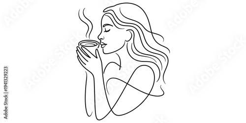 Minimalist line art illustration of a woman enjoying a warm cup of coffee or tea with steam.