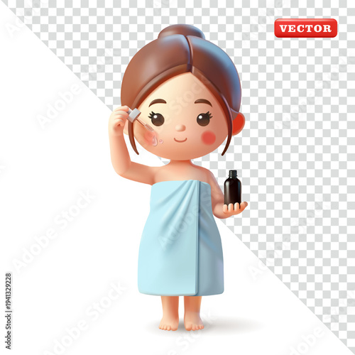 Cute girl character with a towel applying serum to her face, 3D vector. Suitable for women's care