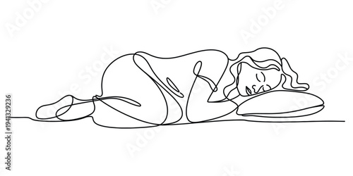Continuous line drawing of a person sleeping peacefully on a pillow in a fetal position.
