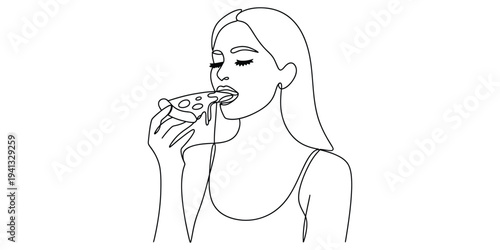 Minimalist line art illustration of a young woman with long hair eating a slice of pizza