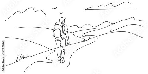 Continuous line drawing of a hiker with a backpack walking along a winding mountain trail.
