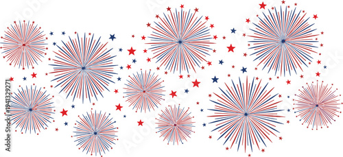 Red blue and white patriotic fireworks display with stars for Fourth of July Independence Day celebration and American national holiday event background
