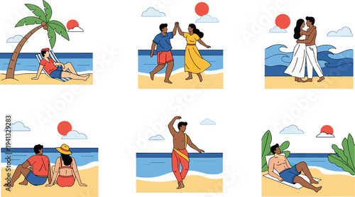 Set of People Enjoying Beach Activities Including Dancing Sunbathing and Relaxing Under Palm Trees During Summer Vacation Sunset for Tropical Travel Concept