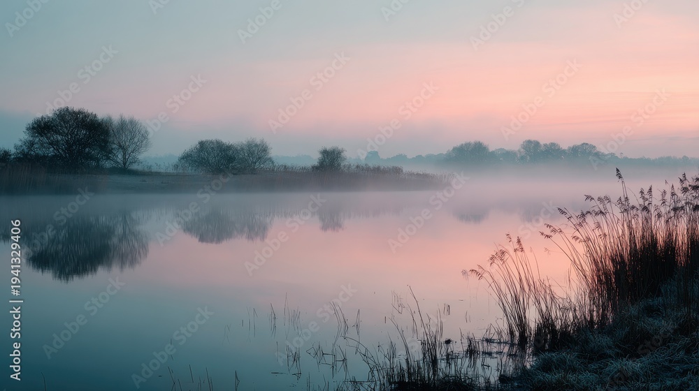 Obraz premium Dawn Mist Over a Quiet Spring Lake