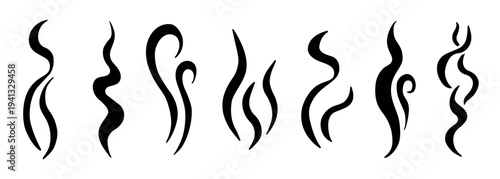 Doodle steam and smoke icon set with aroma waves vector illustration set. Linear symbols for hot coffee, cooking scent, and fragrance effects in hand-drawn outline graphic style.