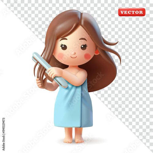 Cute girl character with towel straightening her hair, 3D vector. Suitable for women's grooming