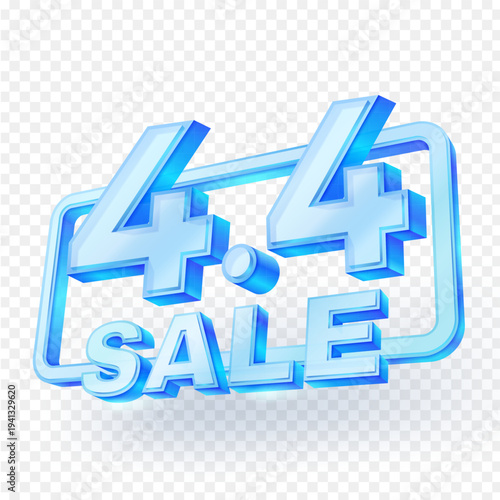 3D blue glass 4.4 Sale text on transparent background. Perfect for April shopping festivals, e-commerce promotions, and digital marketing campaigns. High-quality isolated graphic element. EPS file.