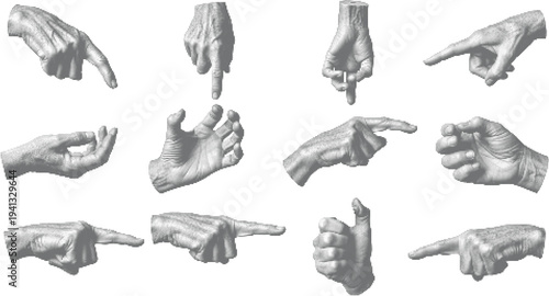 Detailed anatomical hands set halftone design concept with black dots texture and varied finger positions for realistic artistic illustrations.