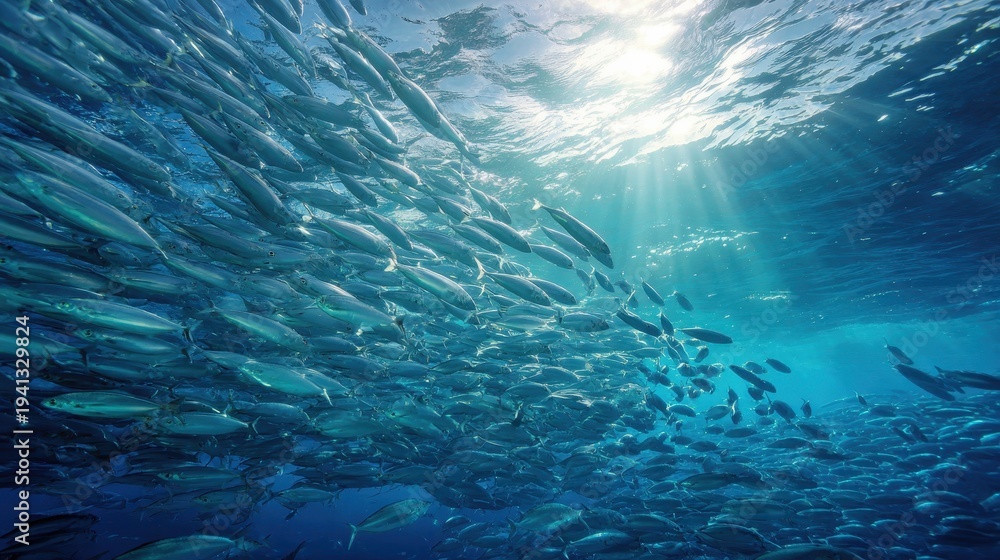 Obraz premium Dense school of pelagic fish in crystal clear blue ocean