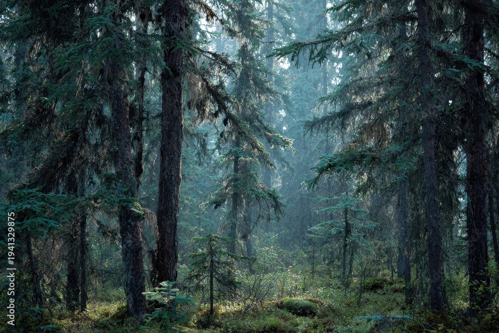 Fototapeta premium Dense stand of black spruce in a boreal forest bathed in cool blue-green light