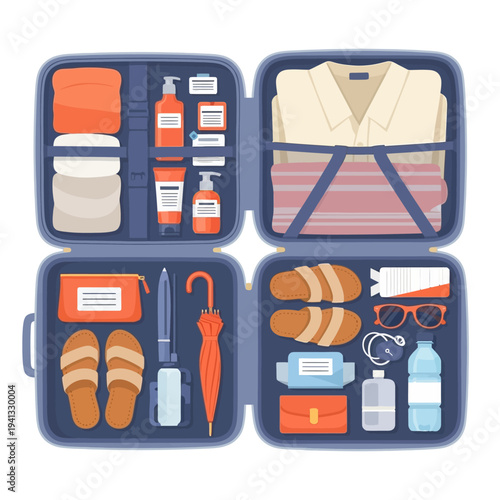 Open suitcase with travel essentials for a vacation trip