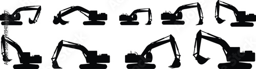 excavator, silhouette, construction, machine, digger, heavy, equipment, industrial, vehicle, machinery, engineering, earthmoving, loader, bucket, worksite, mining, building, vector, icon, collection