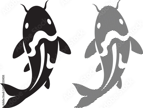Contrast between a sleek koi fish and a textured, patterned koi fish design.