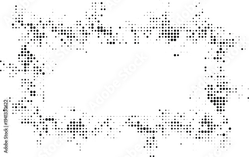 Distressed rectangular frame halftone design concept with black dots texture and scattered irregular particles for edgy urban border styles.