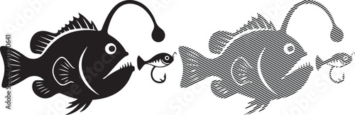 Whimsical black and white illustration of a fish with a hook and a hatched fish tail