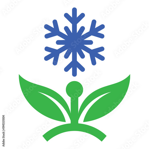 Blue snowflake and green leaves icon for weather or climate change concept icon